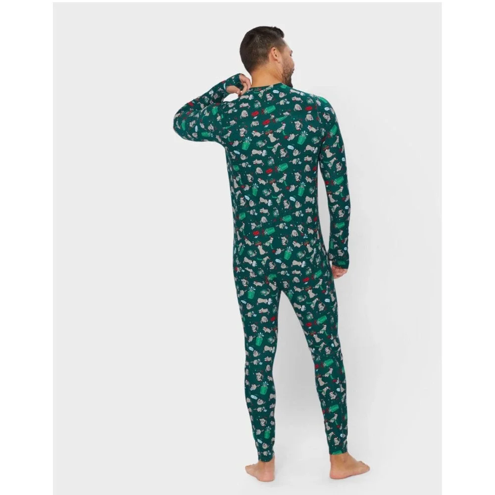 Duluth Trading Co Go Buck Naked Mens XL Union Suit Raccoon Holiday Green Zip